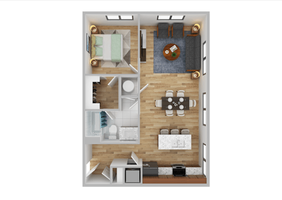 A top-down view of a small apartment with a kitchen, living room, and bathroom.
