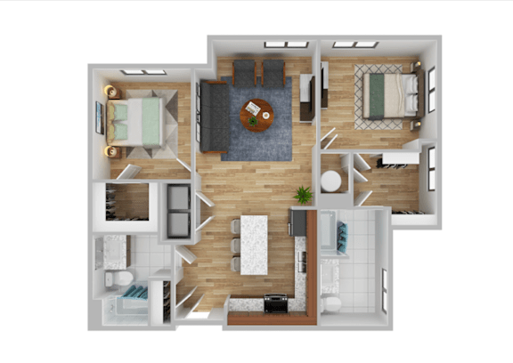 A top-down view of a modern apartment layout with a living room, kitchen, and bedrooms.