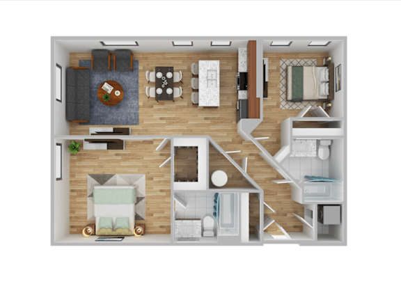 A top-down view of a small apartment with a kitchen, living room, and bedroom.