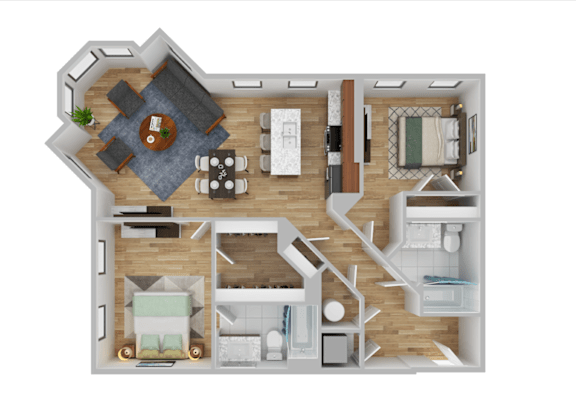 A top-down view of a house layout with a living room, dining area, kitchen, and bedrooms.