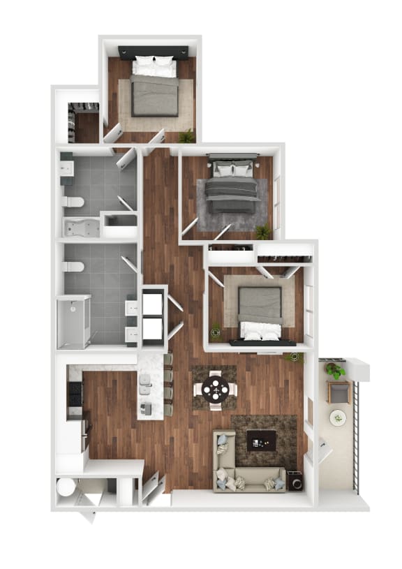 a stylized floor plan of a 3 bedroom