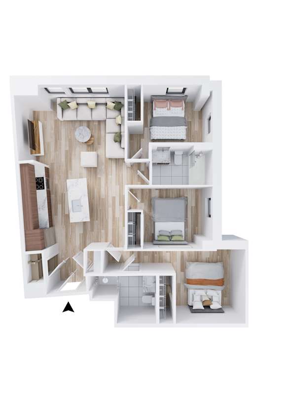 A top down view of a small apartment with a kitchen, living room, and bedroom.