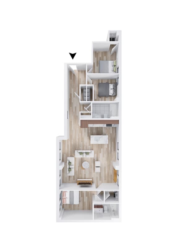 A top down view of a house with a kitchen, living room and bedrooms.