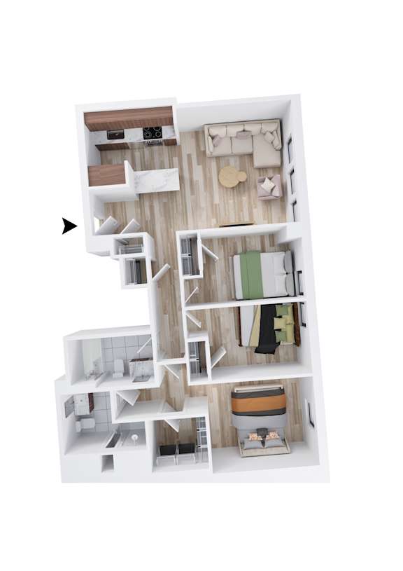 A 3D floor plan of a house with a kitchen, living room, and bedrooms.