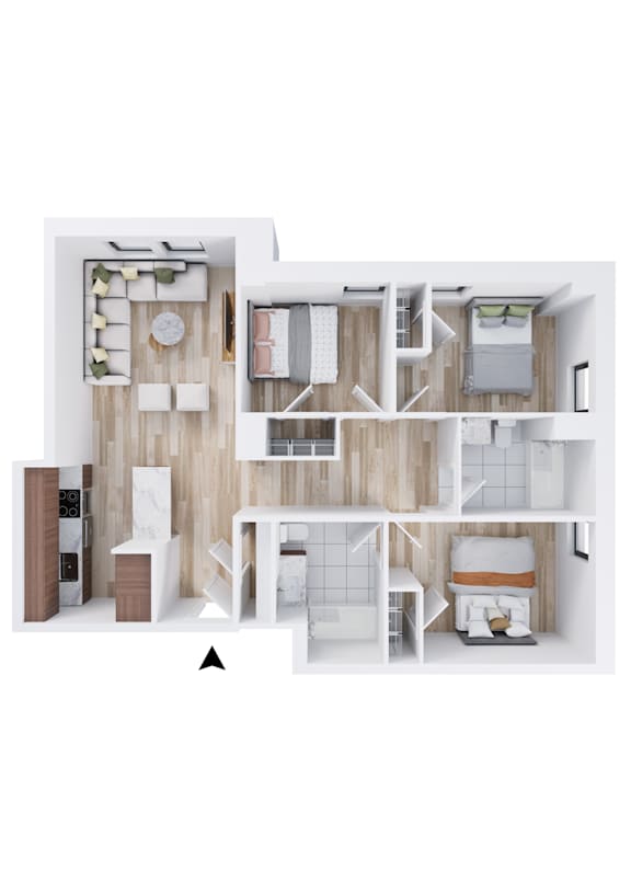 A top-down view of a modern apartment layout.