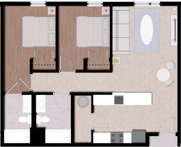 A floor plan of a house with two bedrooms, a living room, and a kitchen.