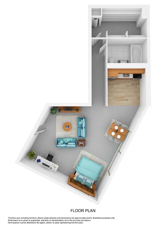 A floor plan of a small apartment with a kitchen, living room, and bedroom.