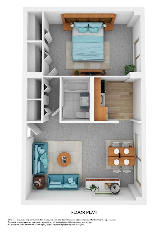 A floor plan of a small apartment with a bedroom, living room, and kitchen.