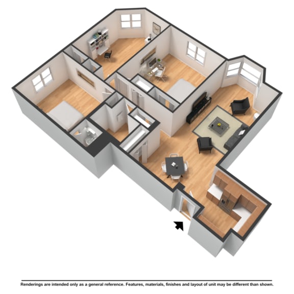 Three bedroom highrise rendering