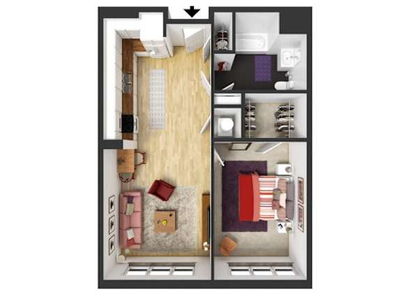 A floor plan of a house with a kitchen, living room, dining room, and bathroom.