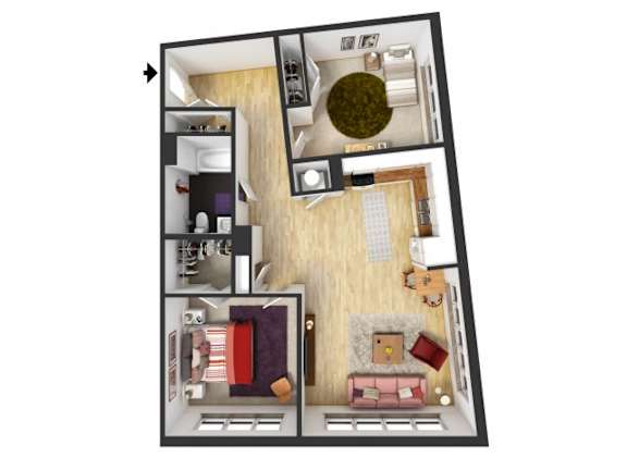 A 3D floor plan of a small apartment with a kitchen, living room, and bedroom.