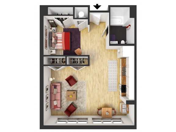 A top down view of a living room, kitchen, and dining area.