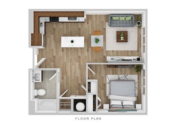 A floor plan of a small apartment with a kitchen, living room, and bathroom.