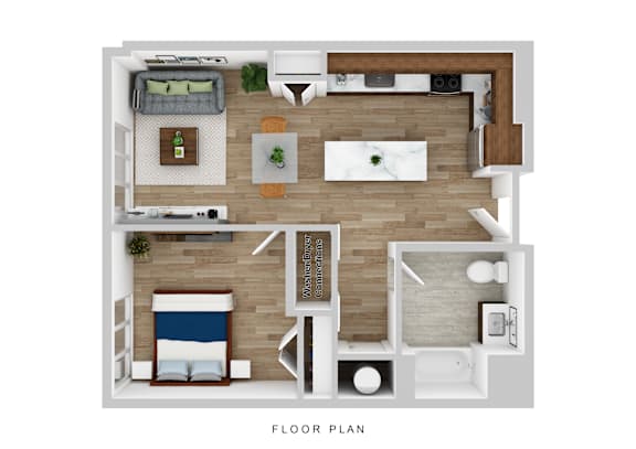 A floor plan of a small apartment with a bedroom, living room, and kitchen.
