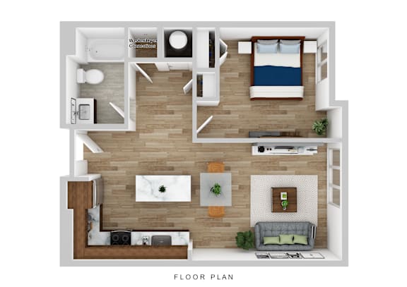 A floor plan of a small apartment with a bedroom, living room, and bathroom.