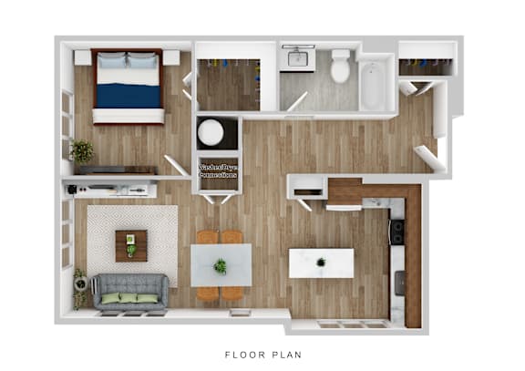 A floor plan of a small apartment with a living room, kitchen, and bathroom.