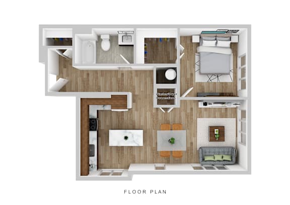 A floor plan of a small apartment with a kitchen, living room, and bedroom.