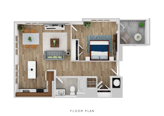 A floor plan of a small apartment with a living room, kitchen, and bathroom.