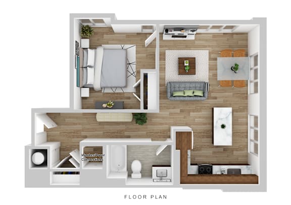 A floor plan of a small apartment with a living room, kitchen, and bathroom.