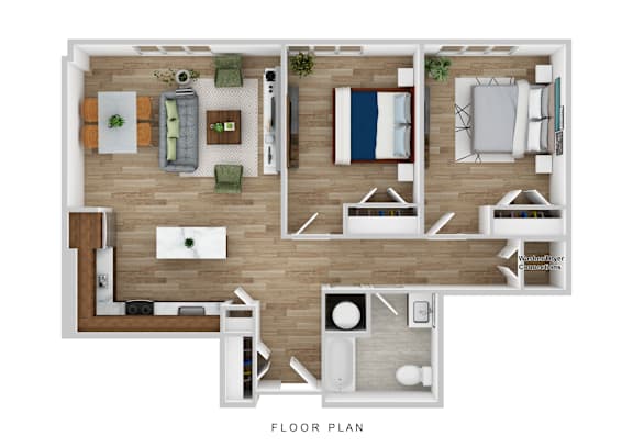 A floor plan of a house with a kitchen, living room, and bedrooms.