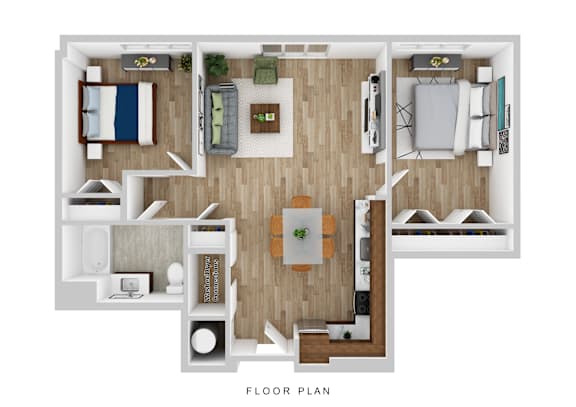 A floor plan of a house with a living room, kitchen, and two bedrooms.
