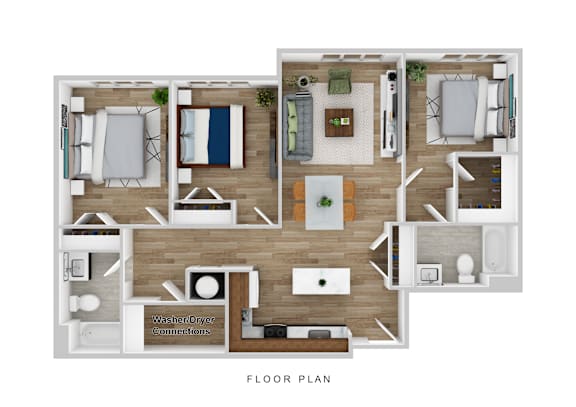 A floor plan of a house with a washer and dryer in the kitchen.