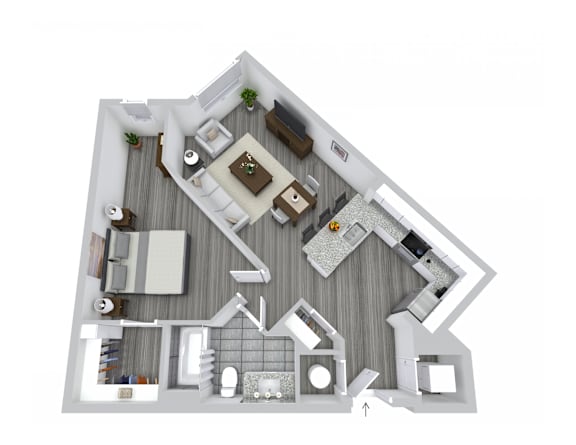 A top down view of a house with a kitchen, living room, and bathroom.