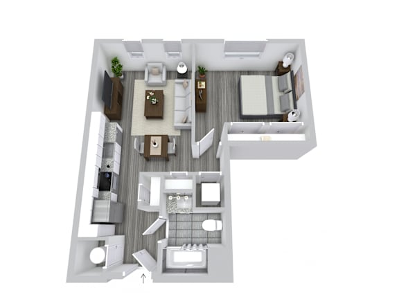 A top down view of a house interior with a kitchen, living room, and bathroom.