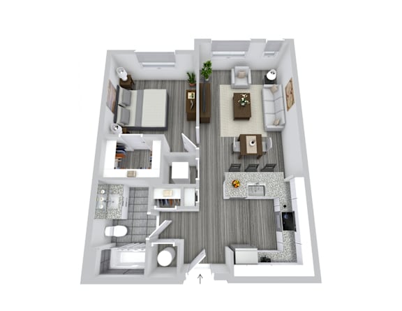 A top-down view of a house interior with a living room, kitchen, and dining area.