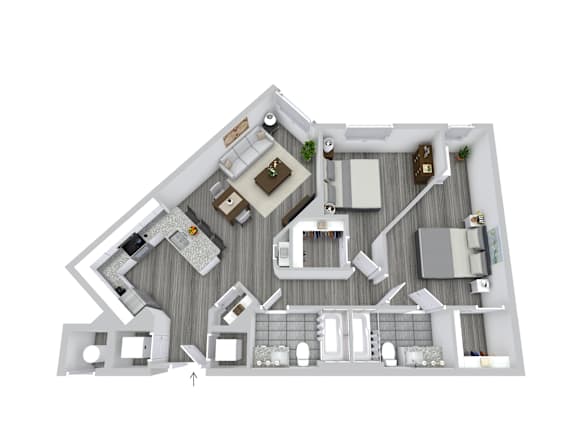A top-down view of a house layout with a kitchen, living room, and bathrooms.