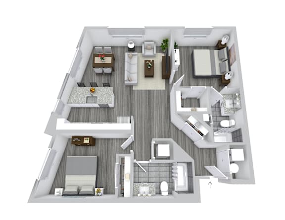 A 3D floor plan of a house with a kitchen, living room, and bathroom.