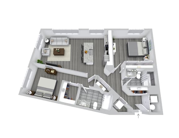 A 3D floor plan of a house with a kitchen, living room, and bedrooms.
