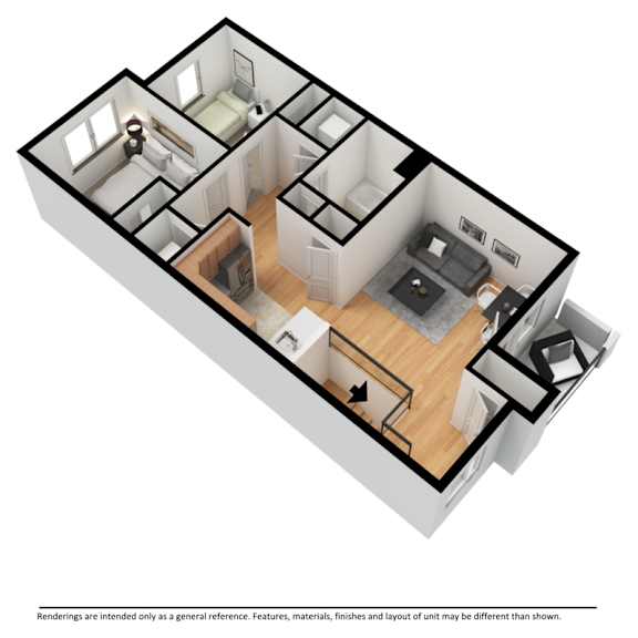 Two bedroom apartment layout furnished