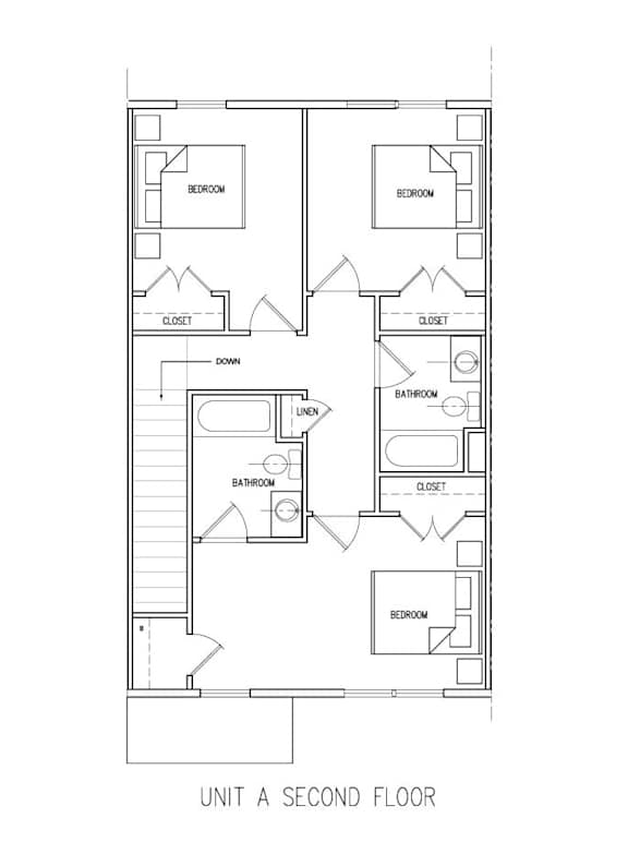 A drawing of a second floor apartment layout.