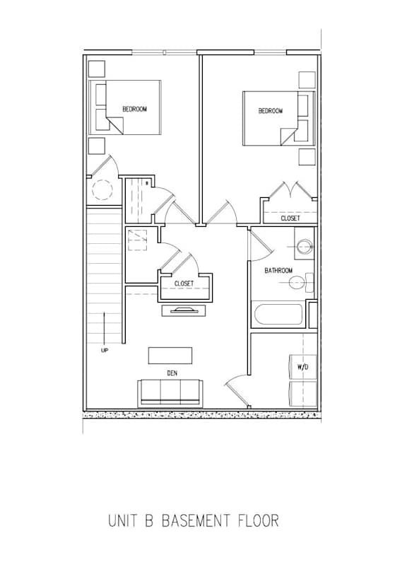 A floor plan of a basement with labeled rooms.