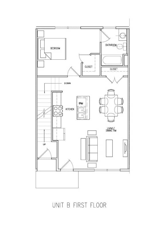 A drawing of the first floor of a unit B shows a bedroom, bathroom, living room/dining room, kitchen, and two closets.