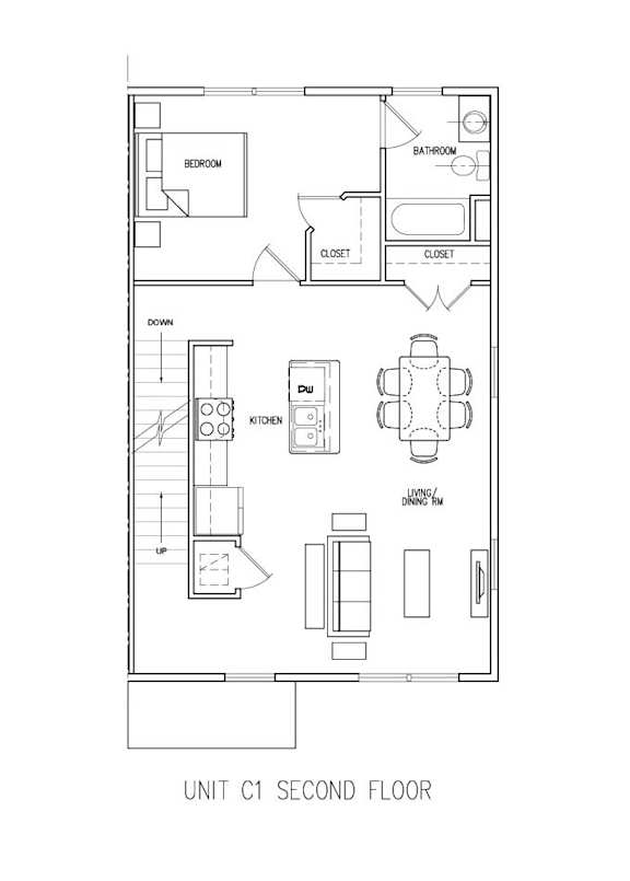 A drawing of a second floor apartment layout.