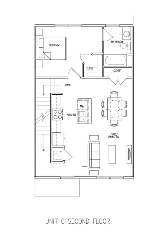 A drawing of a second floor apartment layout.