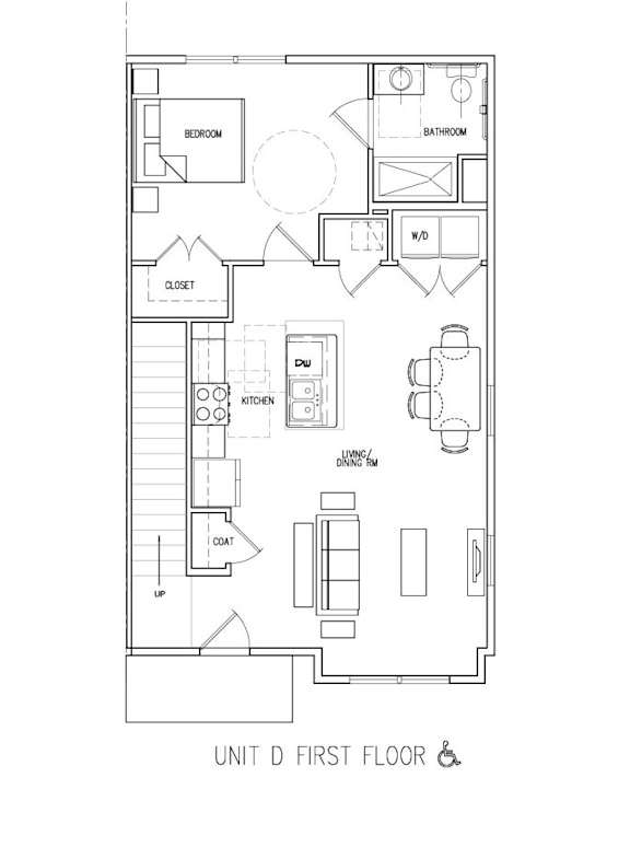 A floor plan of a unit with a kitchen, living room, dining room, bedroom, bathroom, closet, and coat closet.
