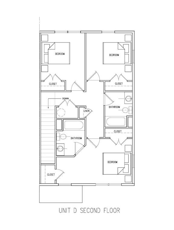 A drawing of a second floor unit with labeled rooms.