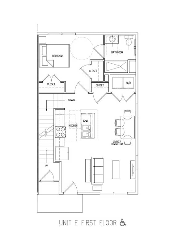 A drawing of a floor plan for Unit E on the first floor.