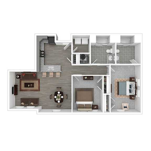 A floor plan of a house with a living room, kitchen, and bathrooms.