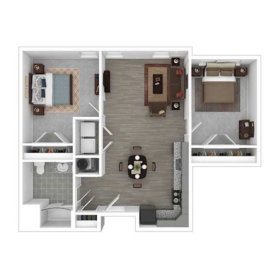A floor plan of a small apartment with a kitchen, living room, and bathroom.
