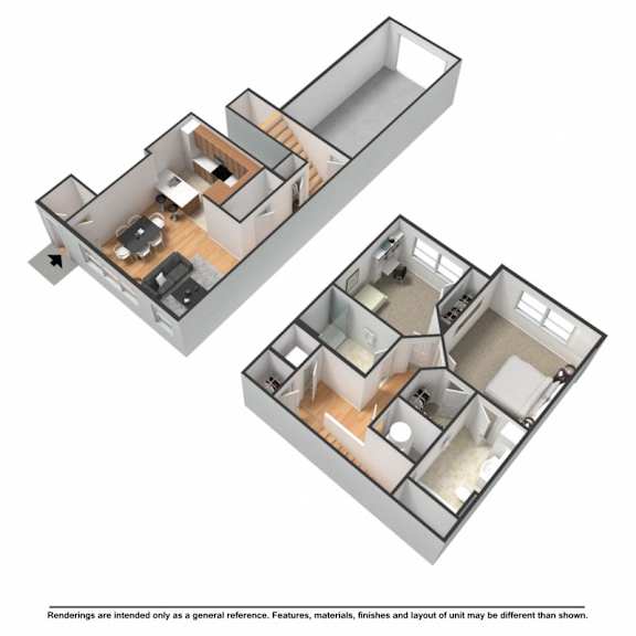Floor Plan  A 3D floor plan of a house with two bedrooms, a living room, a kitchen, and a bathroom.