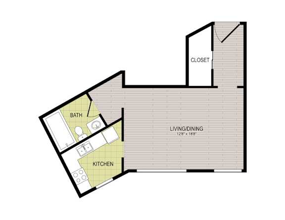 A floor plan of a house with a living area, kitchen, bathroom and closet.