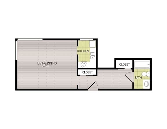 A floor plan of a house with a kitchen, living/dining area, closet, and bathroom.