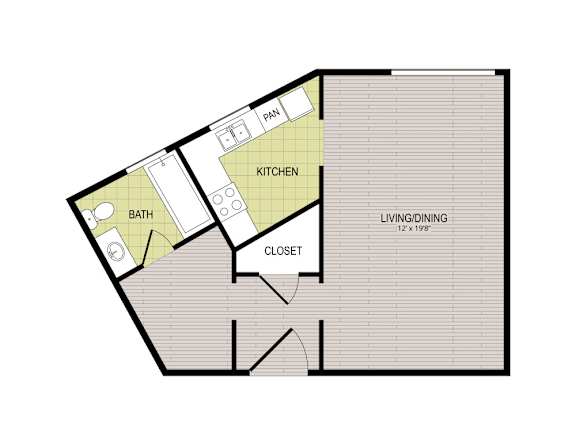 A floor plan of a house with a kitchen, bath, and living/dining area.