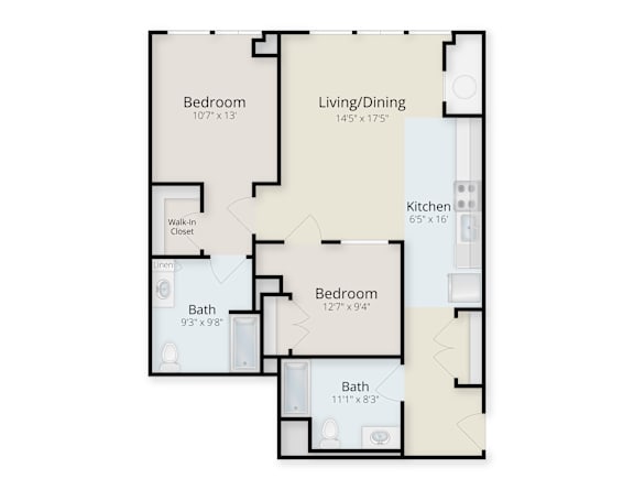 A floor plan of a house with two bedrooms, a living/dining area, a kitchen, and two bathrooms.