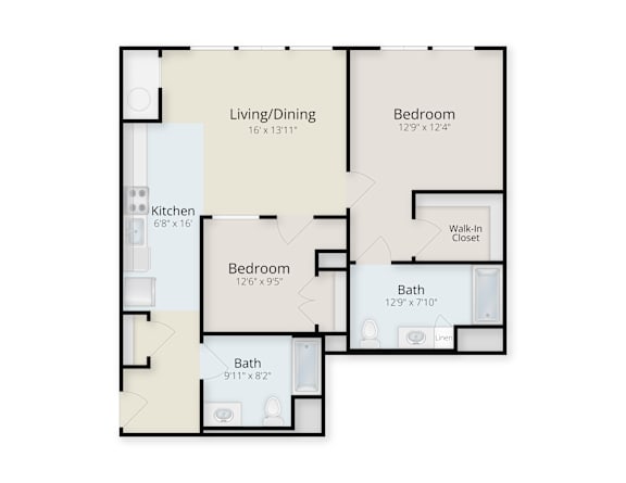 A floor plan of a house with a living room, two bedrooms, a kitchen, and two bathrooms.