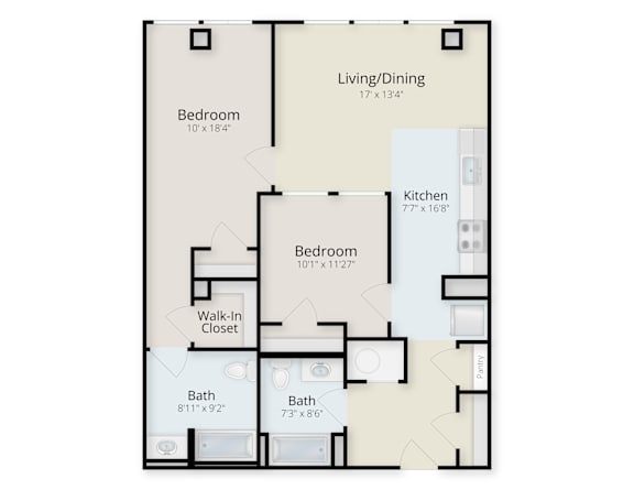 A floor plan of a house with two bedrooms, a living/dining area, a kitchen, a walk-in closet, and two bathrooms.